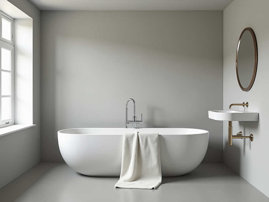 Minimalistisches Badezimmer mit Wanne und Waschbecken.
