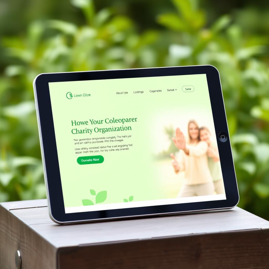 Website einer Wohltätigkeitsorganisation mit sanften Grüntönen und Spendenbutton auf einem Tablet.