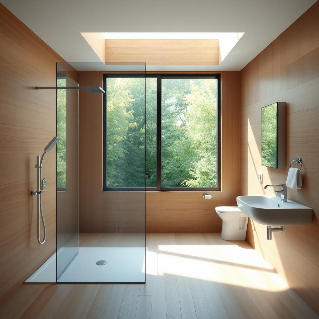 Minimalistisches Badezimmer mit Regenwassersystem und LED-Beleuchtung