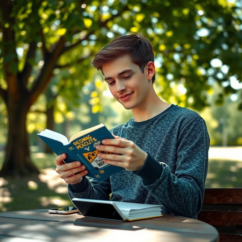 Person liest entspannt ein Buch in der Natur, während das Smartphone unbeachtet auf dem Tisch liegt