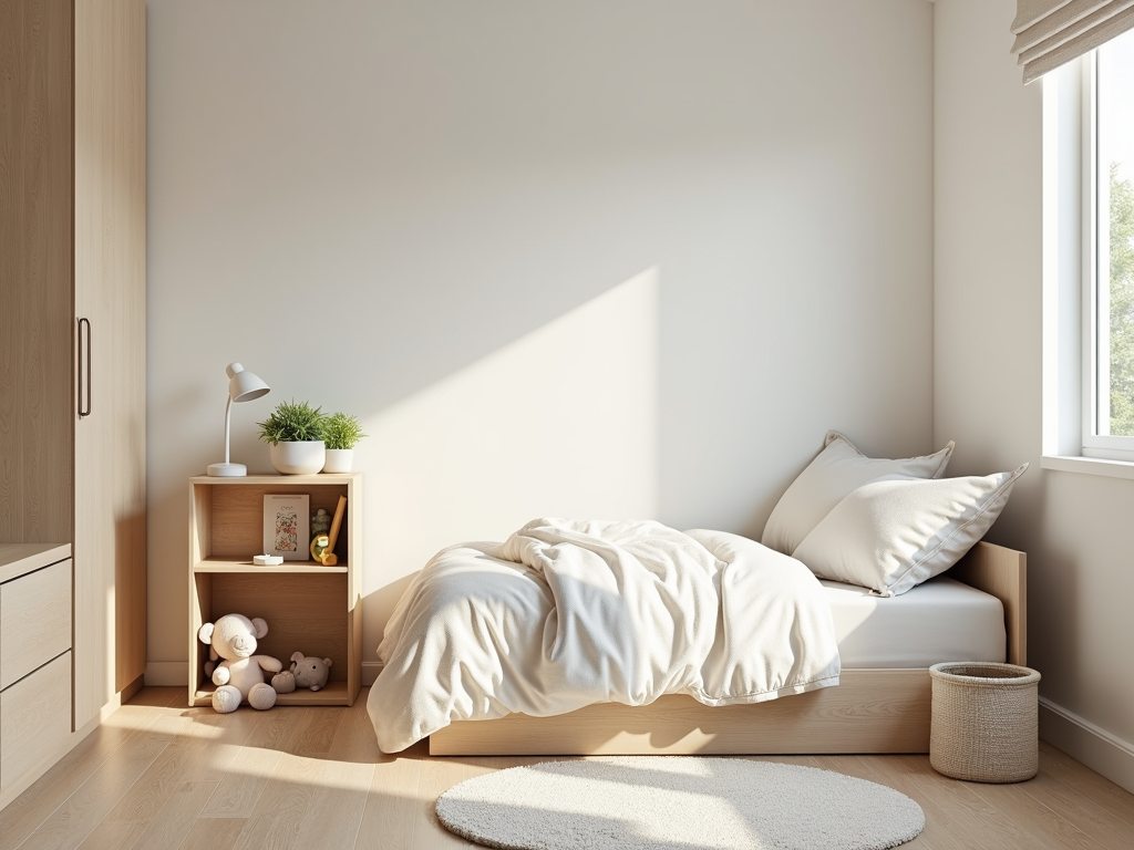 Ein Kinderzimmer mit minimalen Möbeln, einem ordentlich gemachten Bett, einem kleinen Bücherregal und einer Spielzeugkiste mit wenigen Spielsachen.