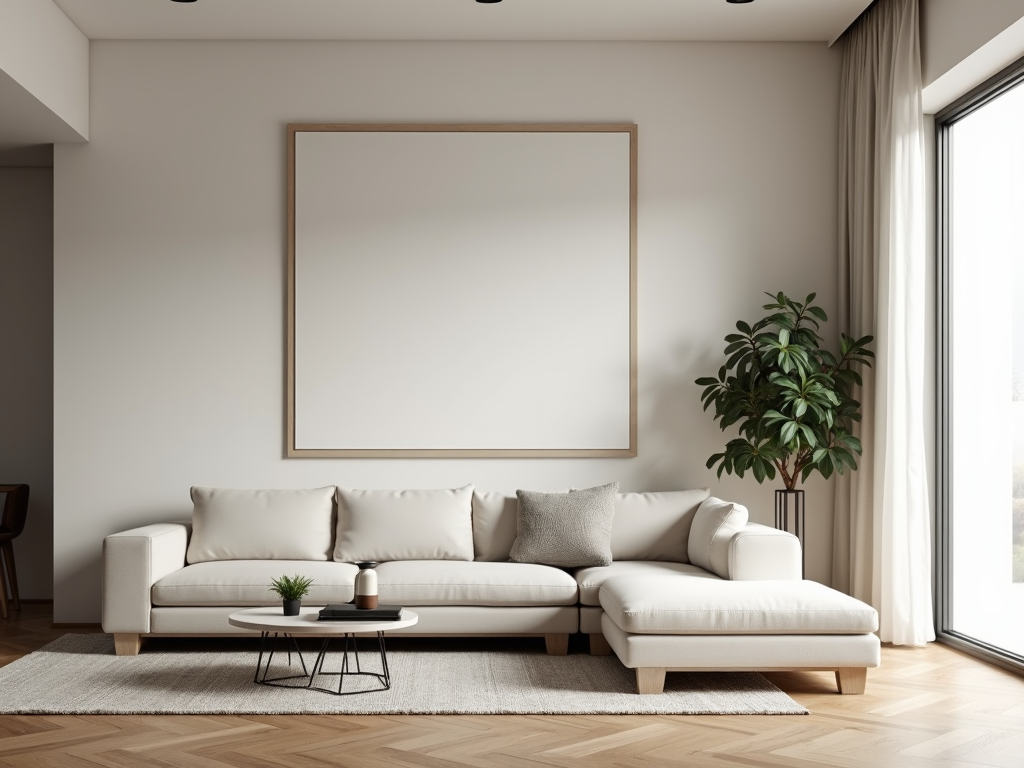 Minimalistisches Wohnzimmer mit schlichtem Design und wenigen Möbeln.