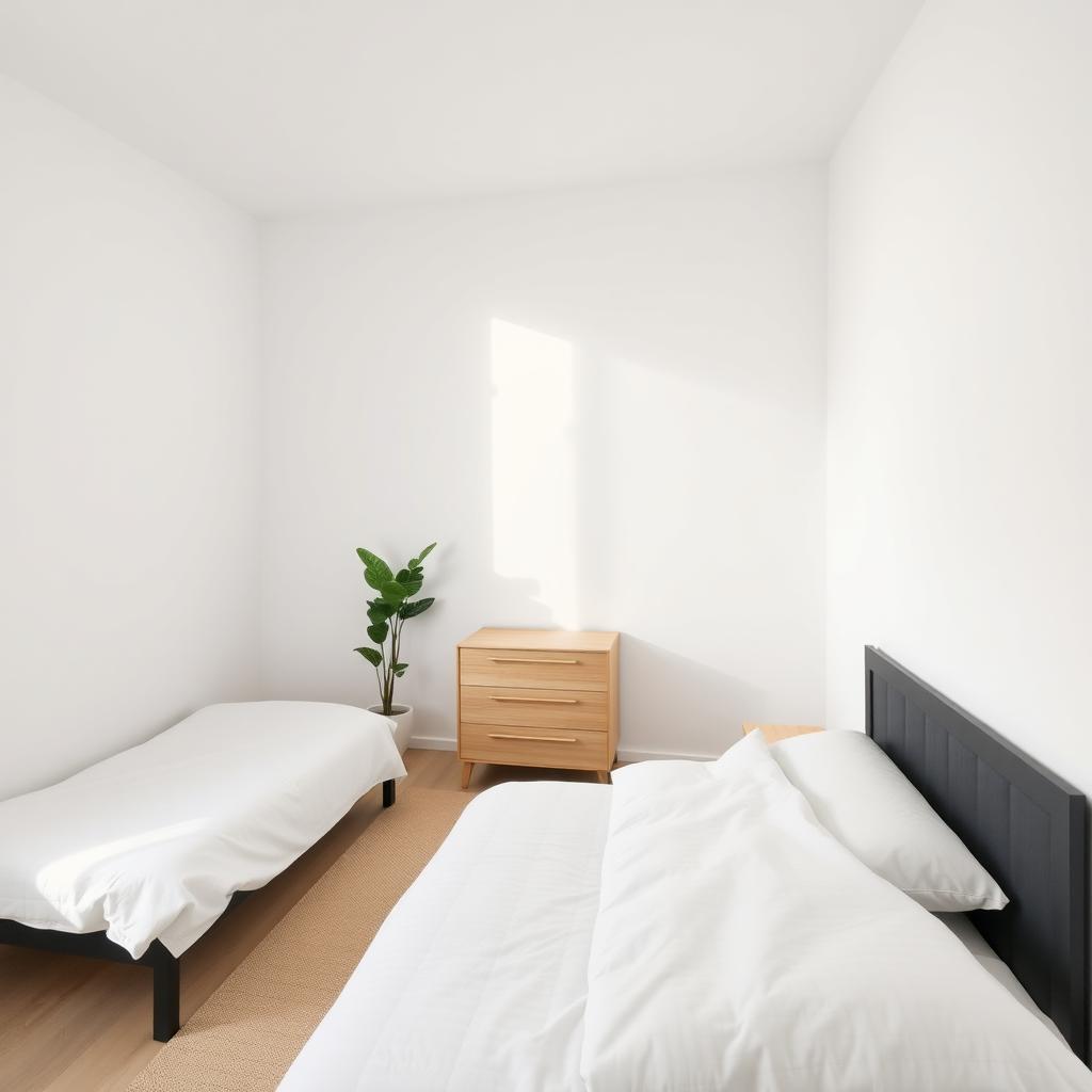 Minimalistisches Schlafzimmer mit schlichter Einrichtung und neutralen Farben.
