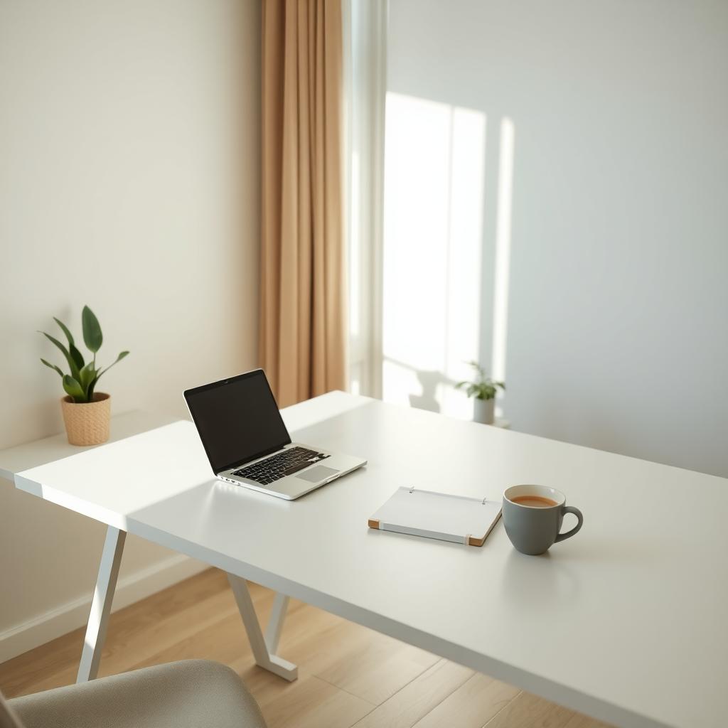 Ein aufgeräumter Home-Office-Schreibtisch mit Laptop, Notizbuch und Kaffeetasse, beleuchtet von natürlichem Licht durch ein Fenster.