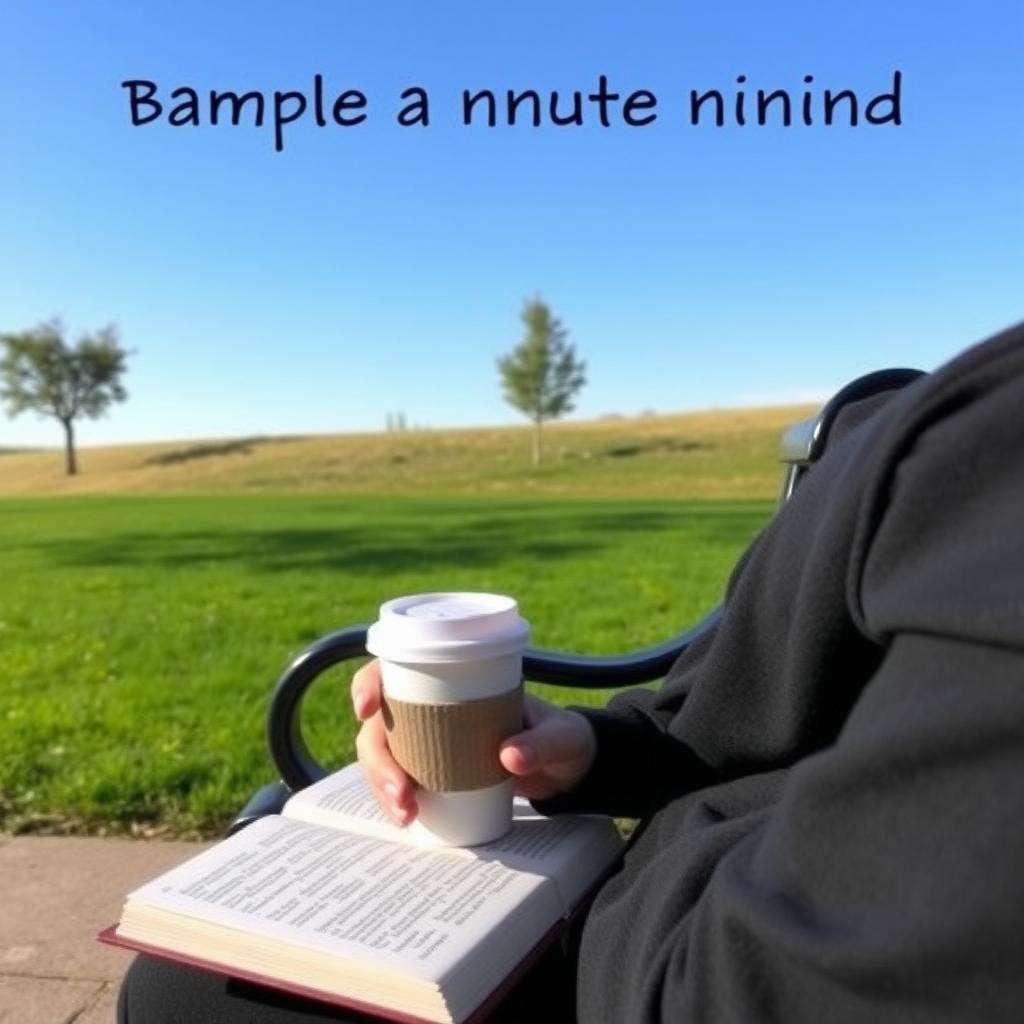 Eine Person sitzt mit einer wiederverwendbaren Kaffeetasse auf einer Parkbank und liest ein Buch vor einem ruhigen Park.