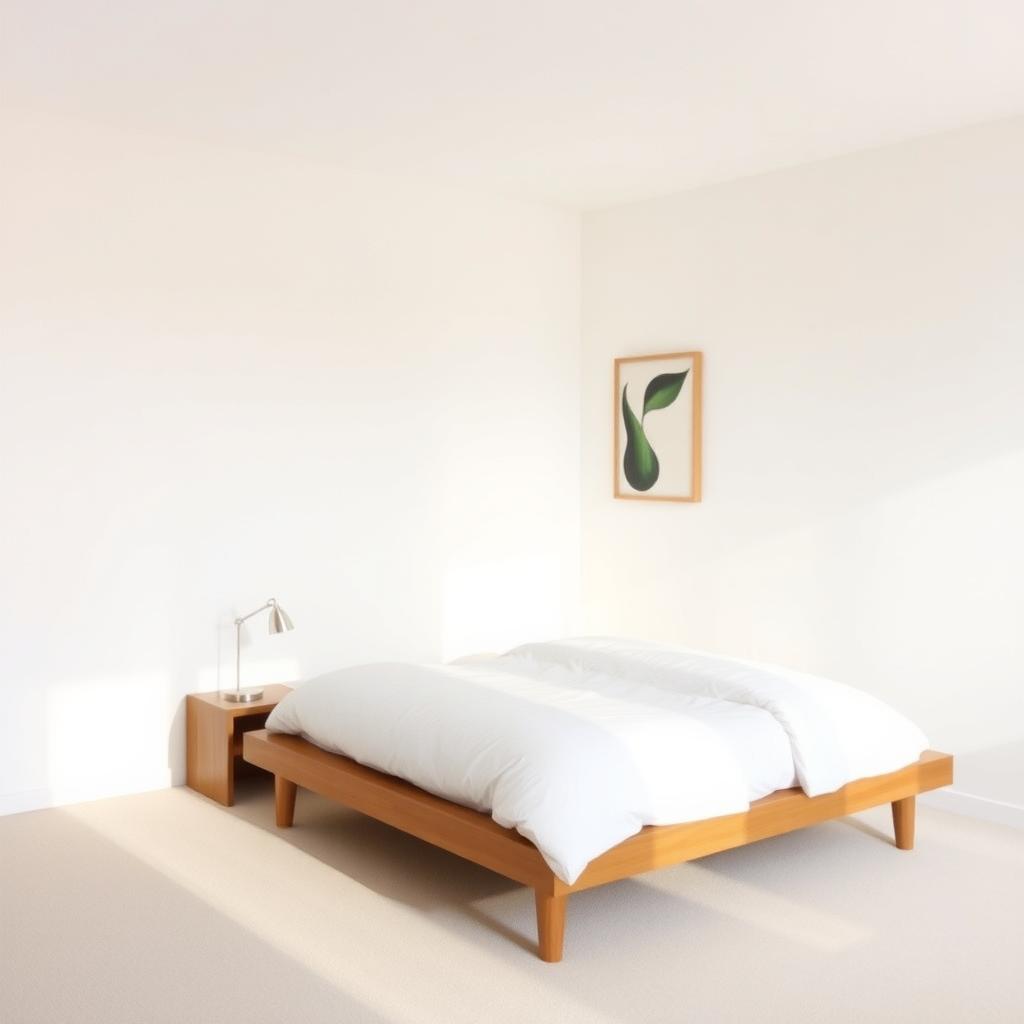 Ein minimalistisches Schlafzimmer mit einem niedrigen Holzbett, weißer Bettwäsche und einem abstrakten Kunstwerk an der Wand, beleuchtet durch weiches Morgenlicht.