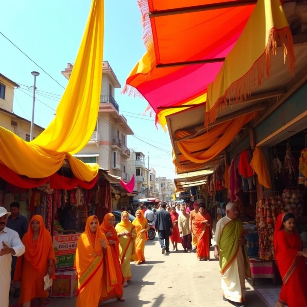 Lebendiger Marktplatz in Indien mit bunten Stoffen in Gelb, Rot und Orange, Menschen in traditioneller Kleidung und klarem blauen Himmel.