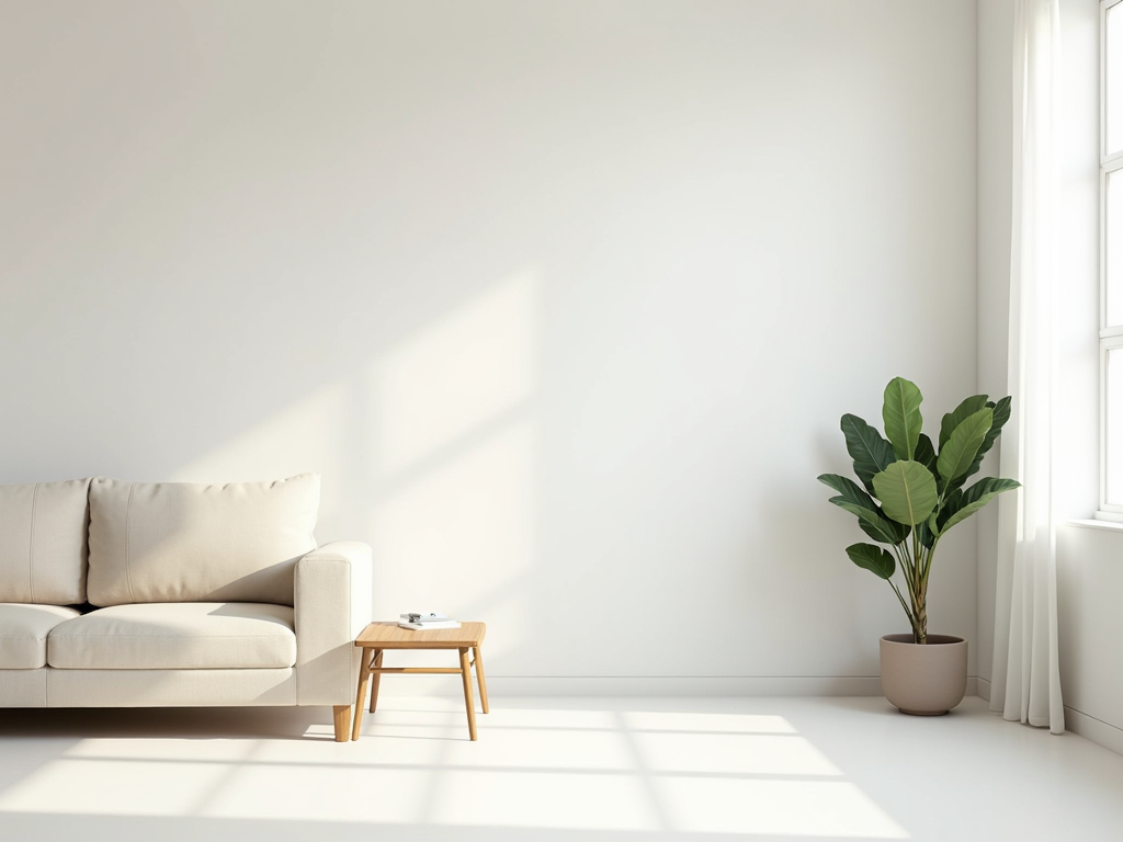 Minimalistisches Wohnzimmer mit Sofa und Pflanze