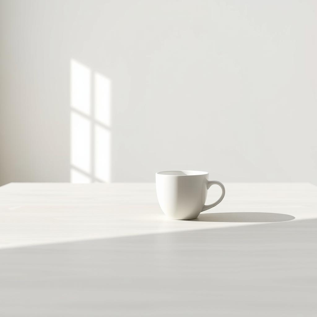 Weiße Keramiktasse auf einem grauen Holztisch, beleuchtet von sanftem Tageslicht vor einem neutralen weißen Hintergrund.