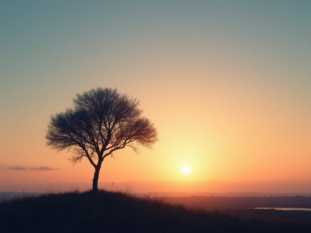 Minimalistisches Wallpaper mit einem einsamen Baum bei Sonnenuntergang