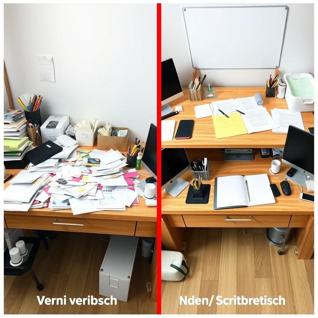 Vorher-Nachher-Fotos eines aufgeräumten Arbeitsplatzes.