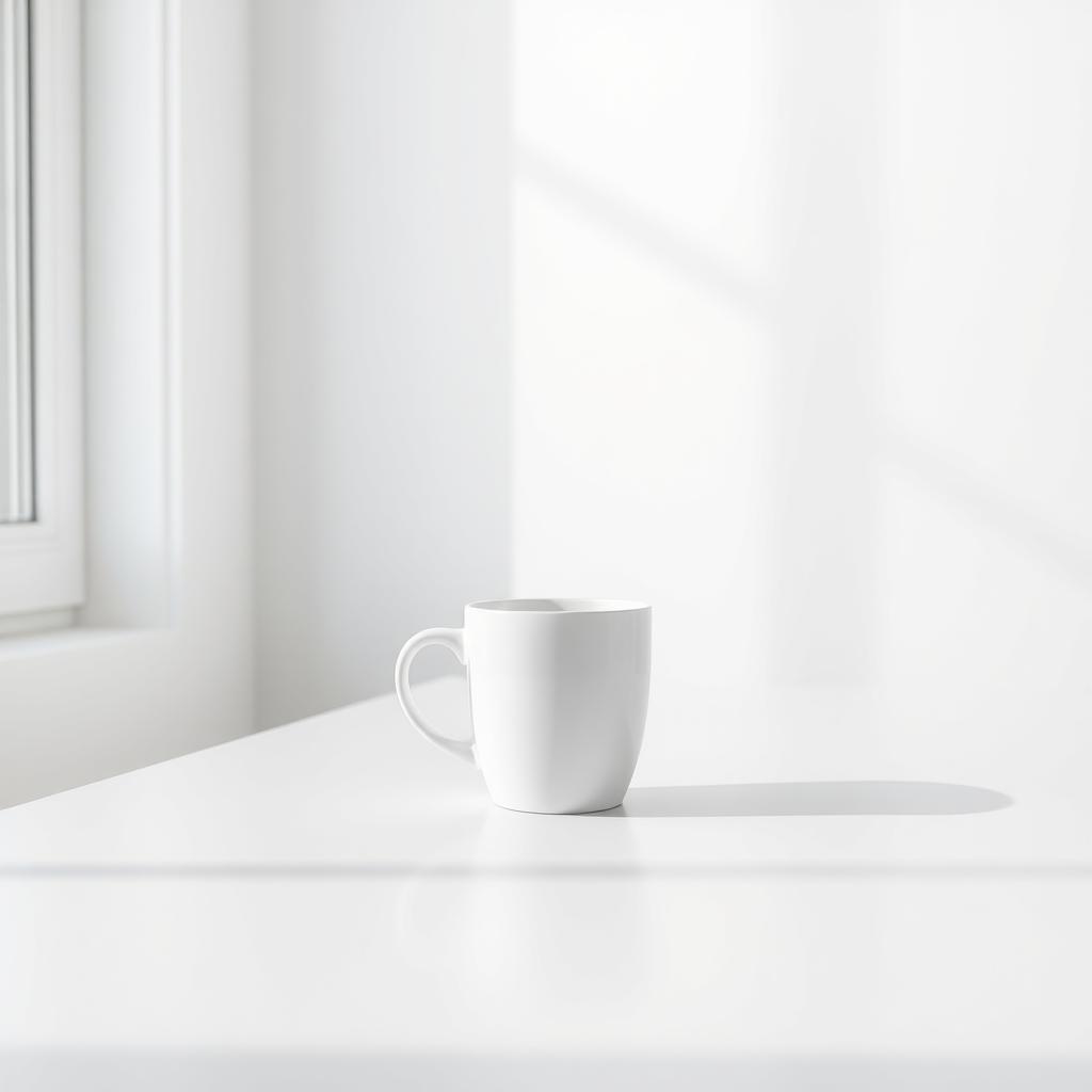 Ein minimalistisches Foto einer weißen Kaffeetasse auf einem hellgrauen Tisch vor einer weißen Wand mit weichem Licht.