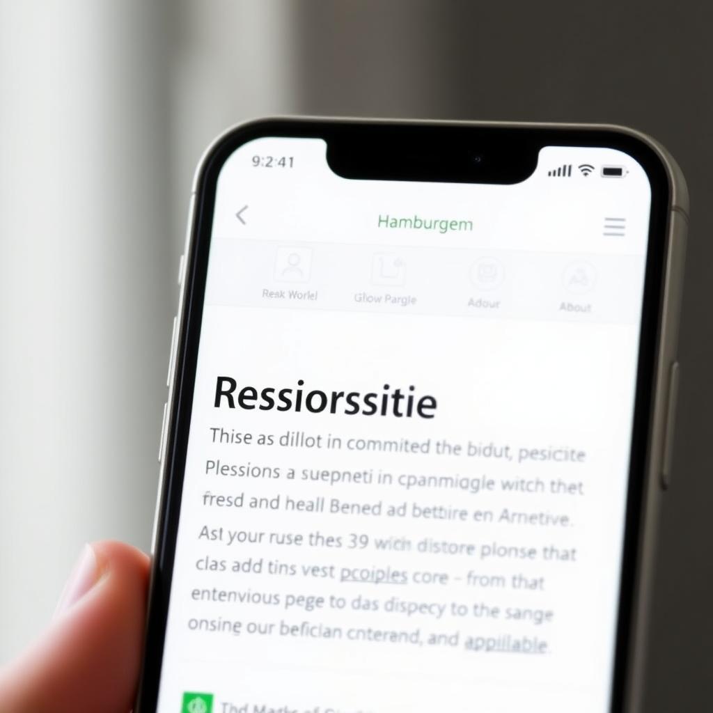 Responsive Website-Design auf einem Smartphone-Bildschirm mit großer Schrift und minimalistischem Layout.