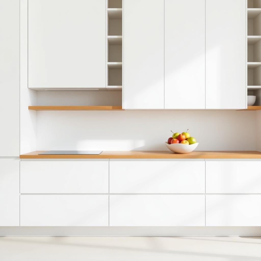 Eine minimalistische Küche mit weißen Schränken, einer Holztheke und einer Schale mit frischen Äpfeln, hell erleuchtet durch natürliches Licht.