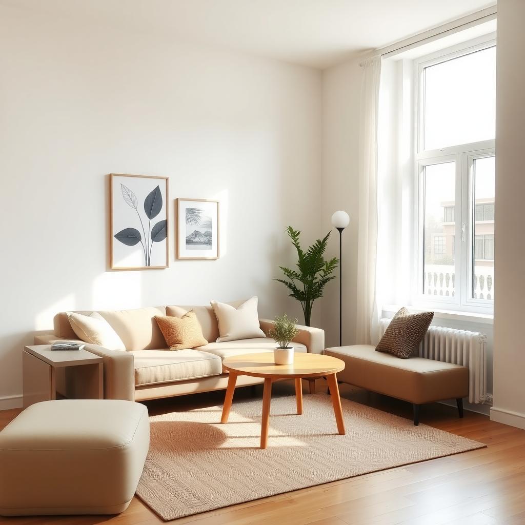 Ein minimalistisch eingerichtetes Wohnzimmer mit einem gemütlichen Sofa, einem kleinen Holztisch und einer einzelnen Topfpflanze in einem hellen, luftigen Raum mit viel Tageslicht.