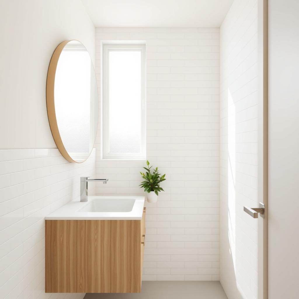 Minimalistisches Badezimmer mit weißen Fliesen, einem schlichten Holzwaschtisch, einem runden Spiegel und einer einzelnen grünen Pflanze.