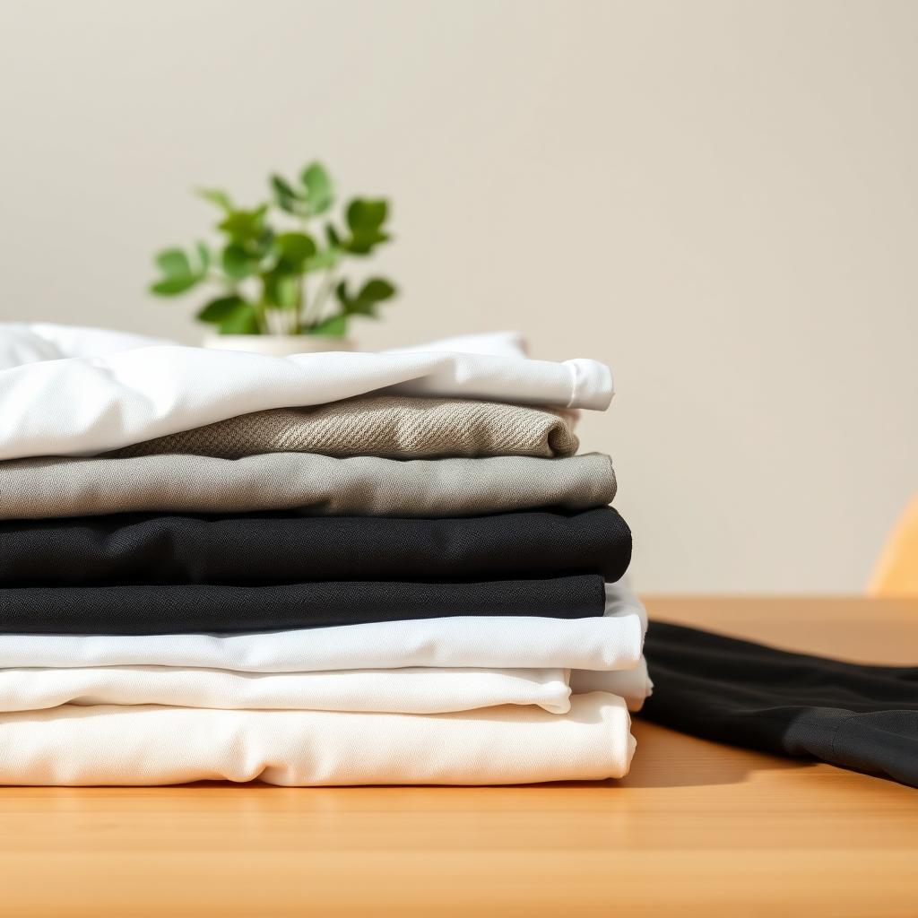 Stapel gefalteter minimalistischer Kleidung auf einem Holztisch mit Pflanze im Hintergrund