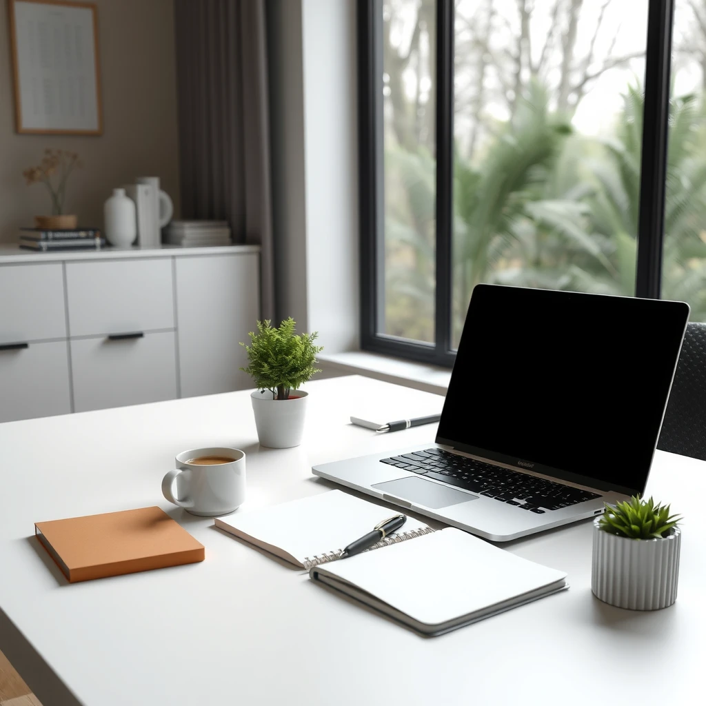 Minimalistischer Arbeitsplatz mit aufgeräumtem Schreibtisch, Laptop, Notizbuch und einer kleinen Pflanze