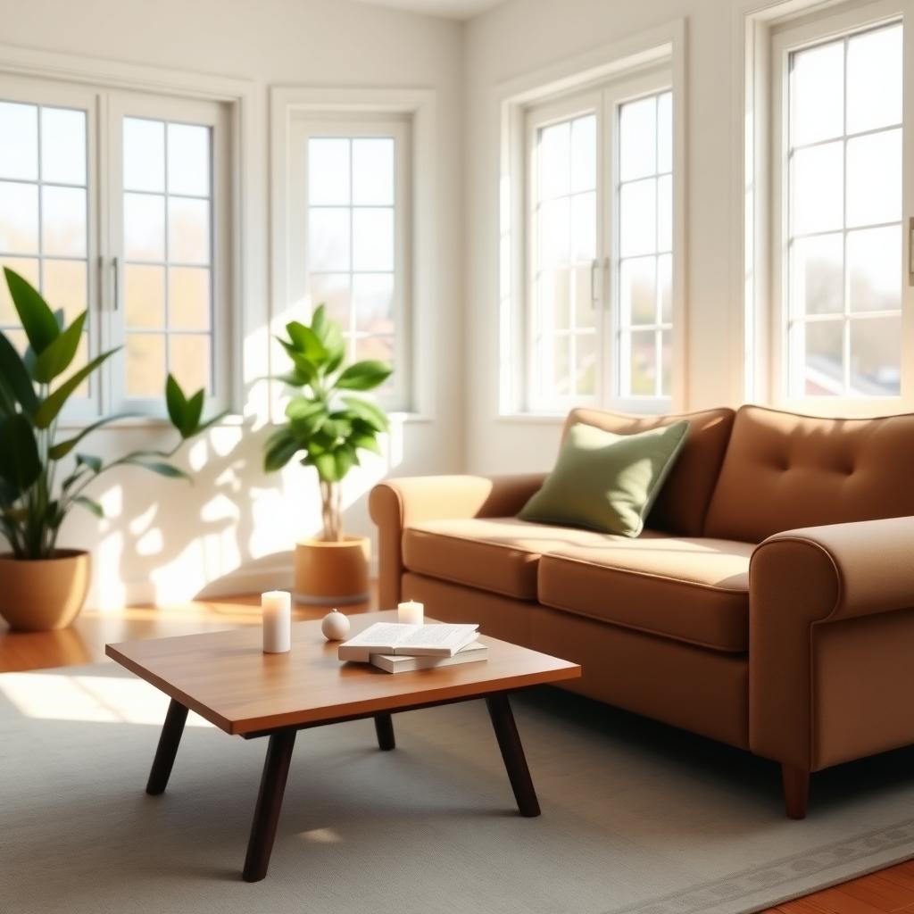 Ein aufgeräumtes Wohnzimmer mit viel Tageslicht