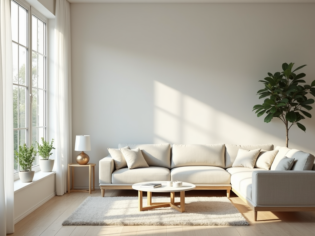 Ein minimalistisch eingerichtetes Wohnzimmer mit klaren Linien und wenigen, aber sorgfältig ausgewählten Möbelstücken.