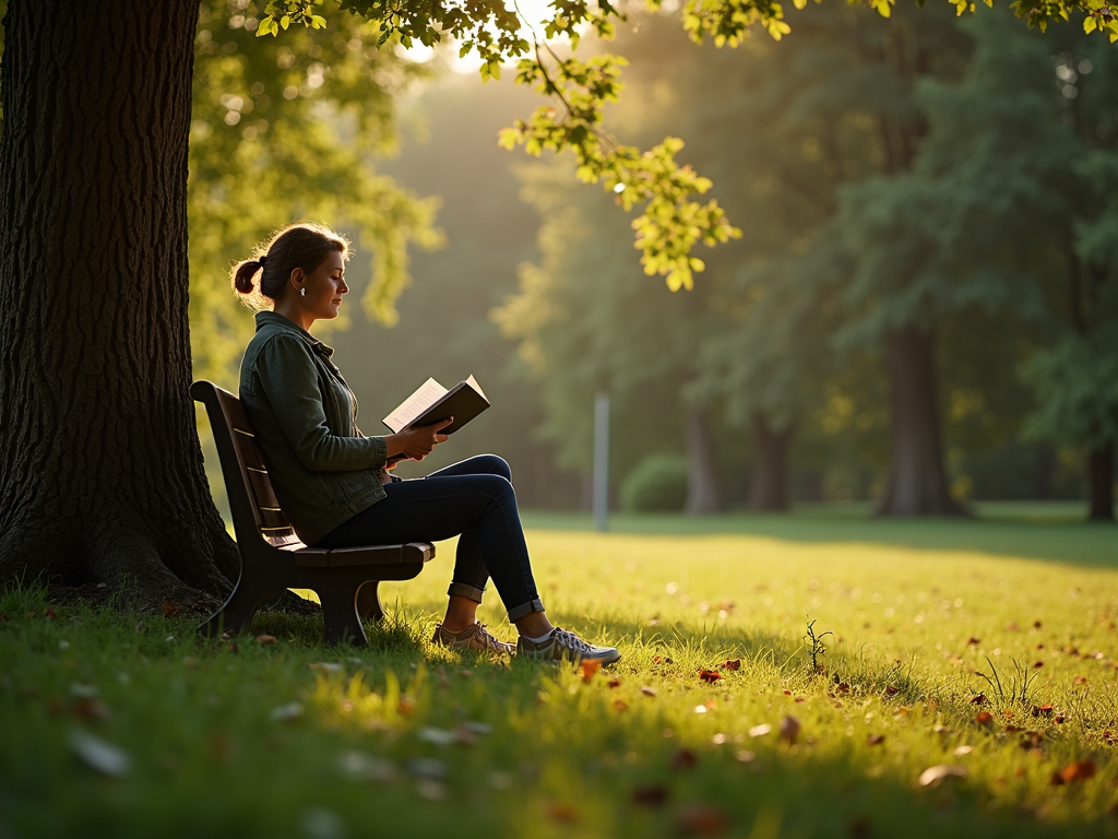 Eine Person, die einen ruhigen Moment in der Natur genießt, auf einer Bank sitzend mit einem Buch.