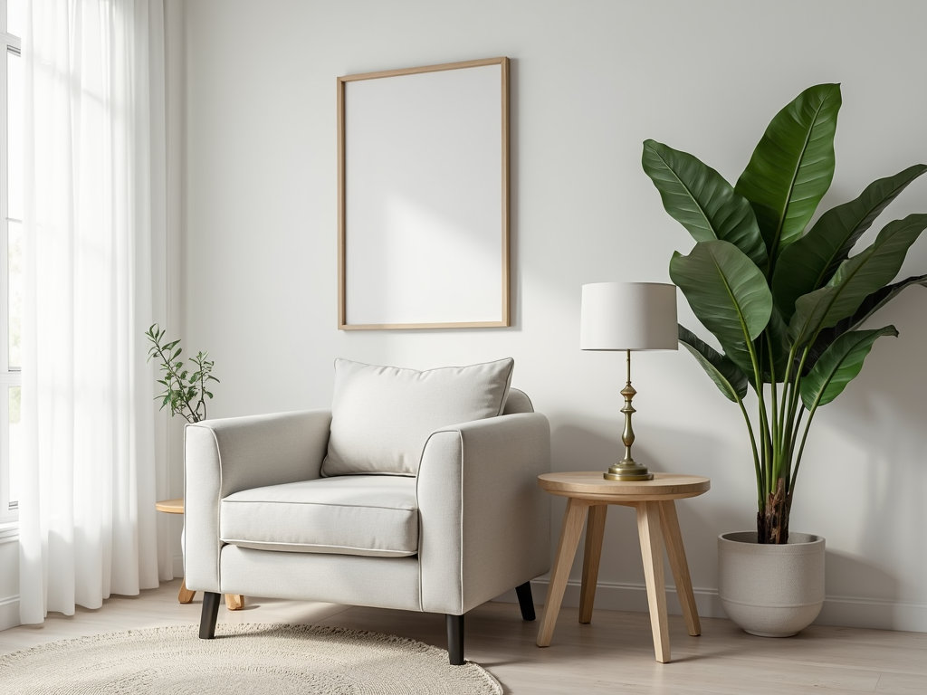 Eine Nahaufnahme einer minimalistischen Wohnzimmerecke mit einem einzelnen Sessel, einem kleinen Beistelltisch mit einer Lampe und einer großen Topfpflanze. Die Wand dahinter hat ein einfaches, gerahmtes Kunstwerk. Der Fokus liegt auf der Einfachheit und der beruhigenden Wirkung des Raumes.
