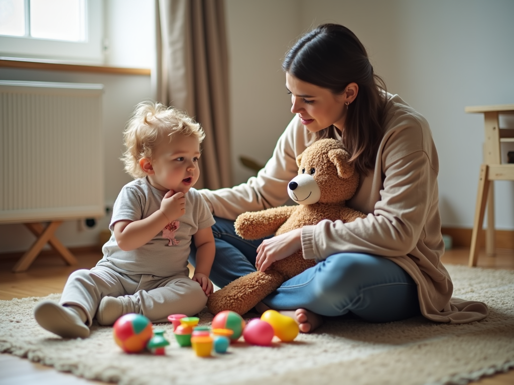 Elternteil und Kind besprechen gemeinsam, welche Spielsachen behalten werden sollen.