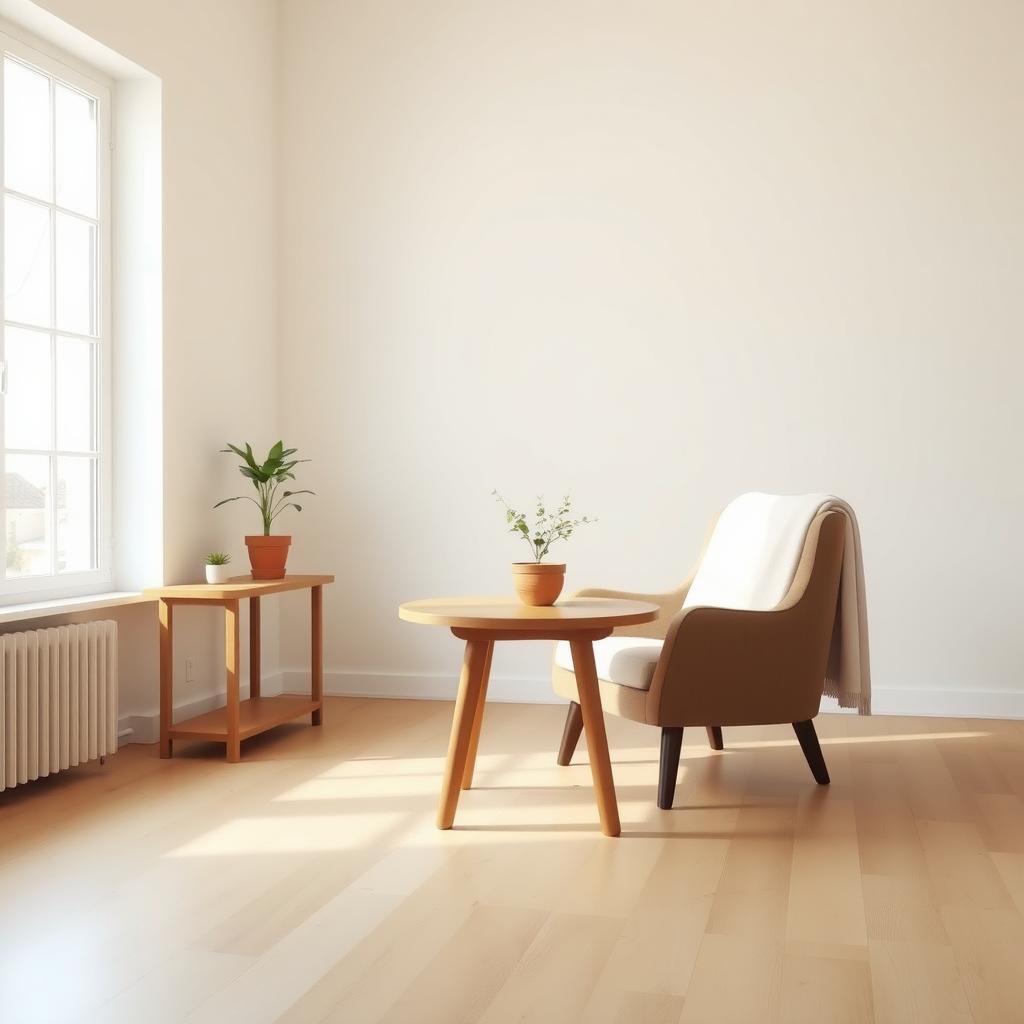 Ein minimalistischer Wohnraum mit einem einfachen Holztisch, einer Topfpflanze und einem gemütlichen Sessel, beleuchtet von weichem Tageslicht.