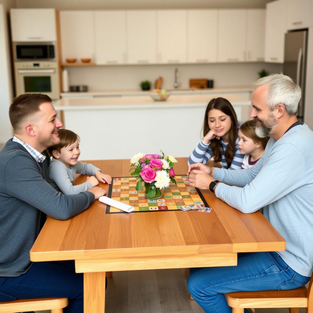 Eine Familie sitzt an einem schlichten Esstisch und spielt gemeinsam ein Brettspiel.
