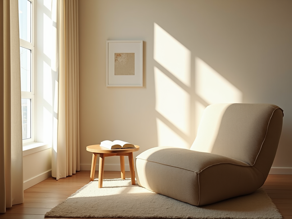 Eine gemütliche Leseecke mit minimaler Einrichtung für Entspannung.