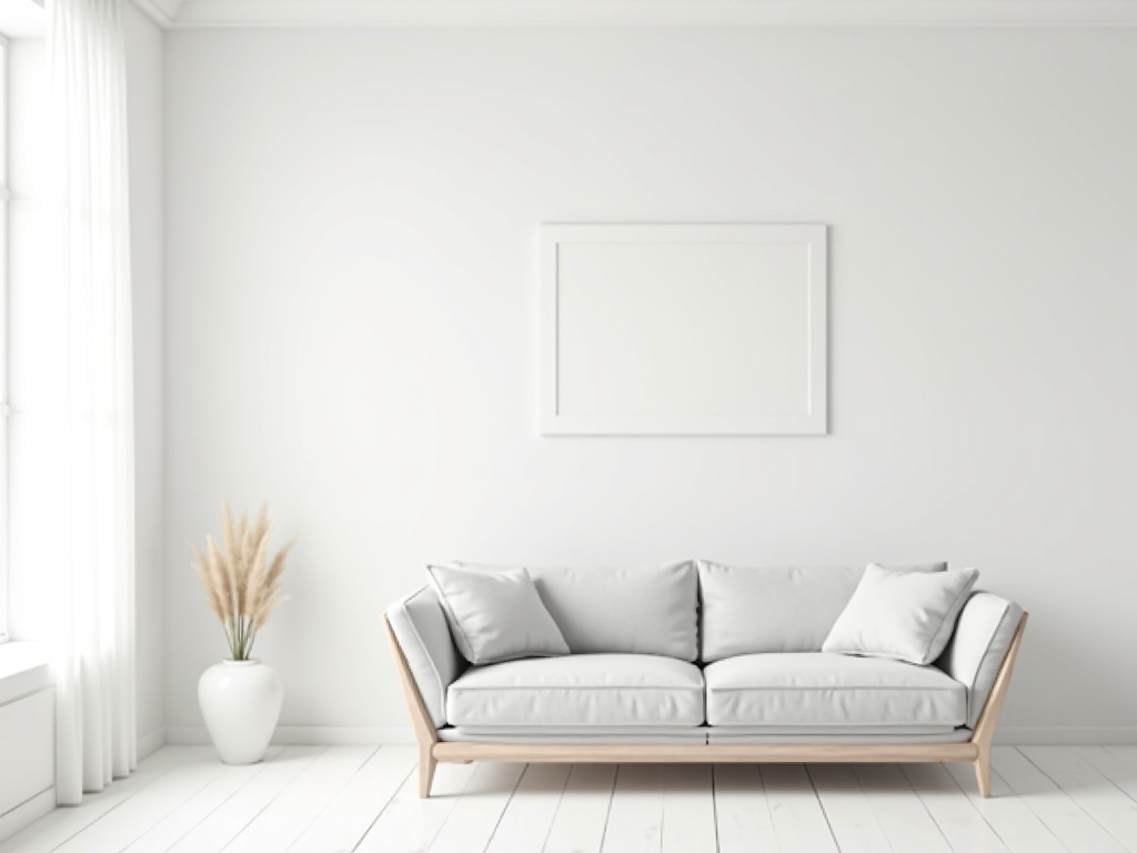 Ein minimalistisches Wohnzimmer mit weißen Wänden, einem einfachen Sofa und einem einzelnen Kunstwerk an der Wand.