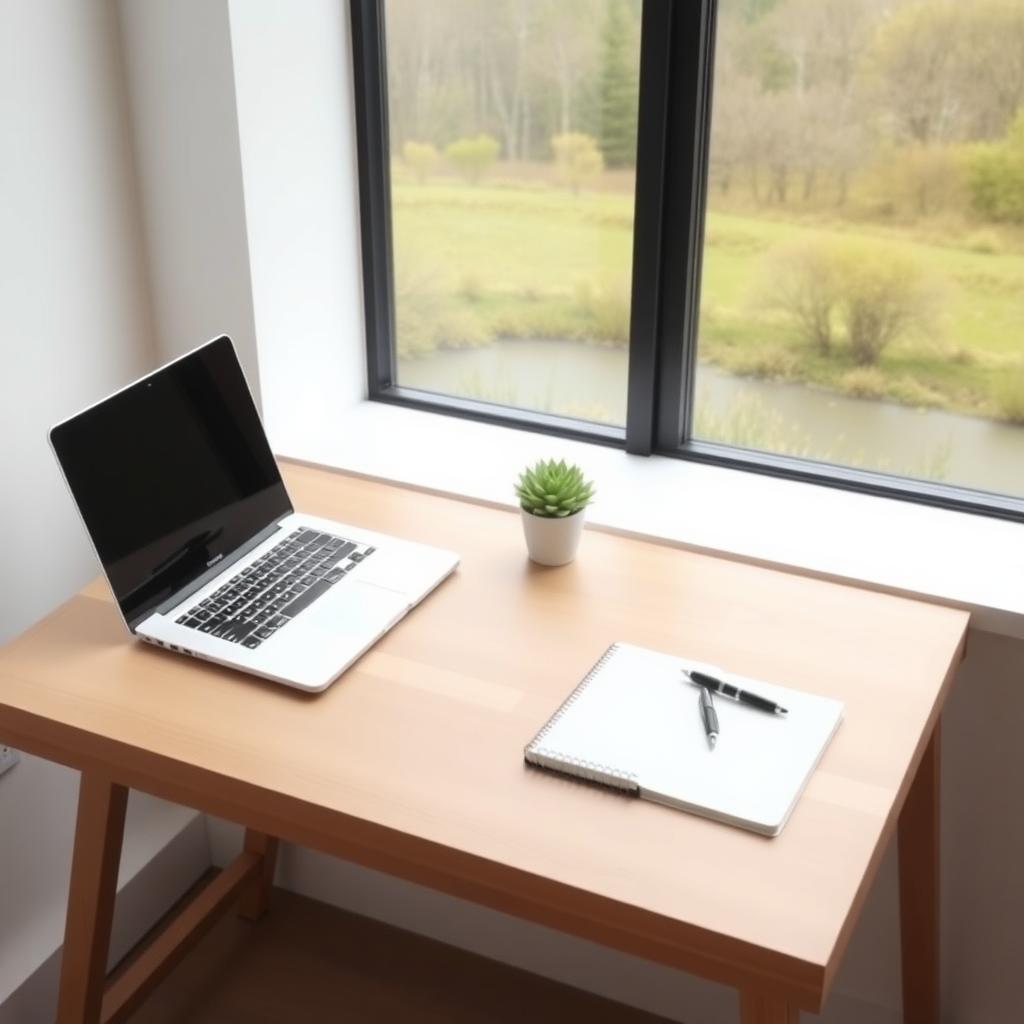 Ein minimalistischer Arbeitsplatz mit einem Holzschreibtisch, einem Laptop, einem Notizbuch und einem Stift, neben einem Fenster mit Blick auf eine ruhige Landschaft.