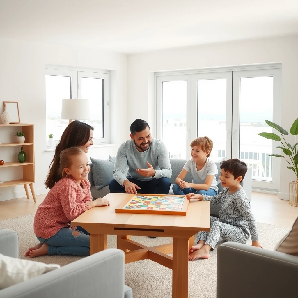 Glückliche Familie beim Spielen in einem minimalistischen Wohnzimmer