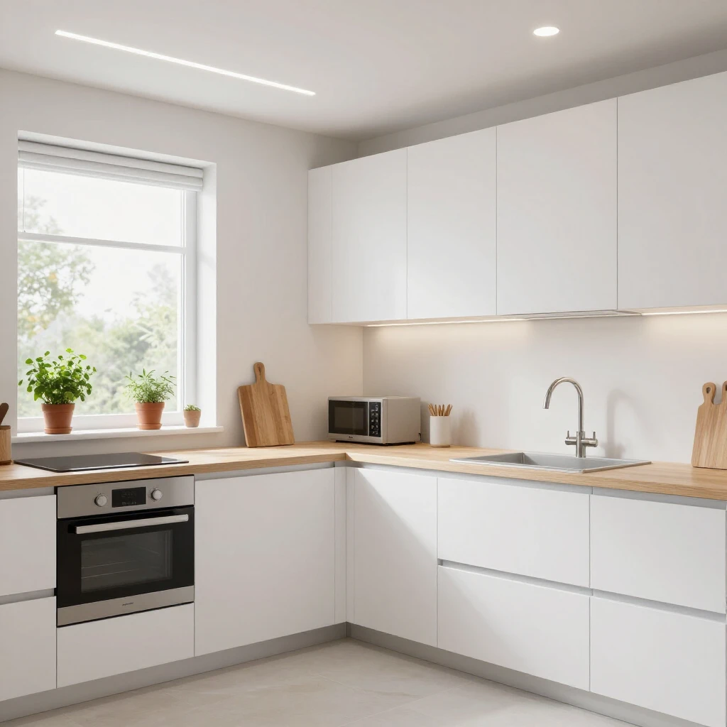 Moderne minimalistische Küche mit weißen Schränken, Holzarbeitsplatten und energieeffizienten LED-Leuchten