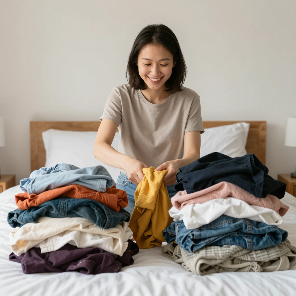 Eine fröhliche Person sortiert Kleidung in einem einfachen Schlafzimmer in Behälter für Behalten und Spenden