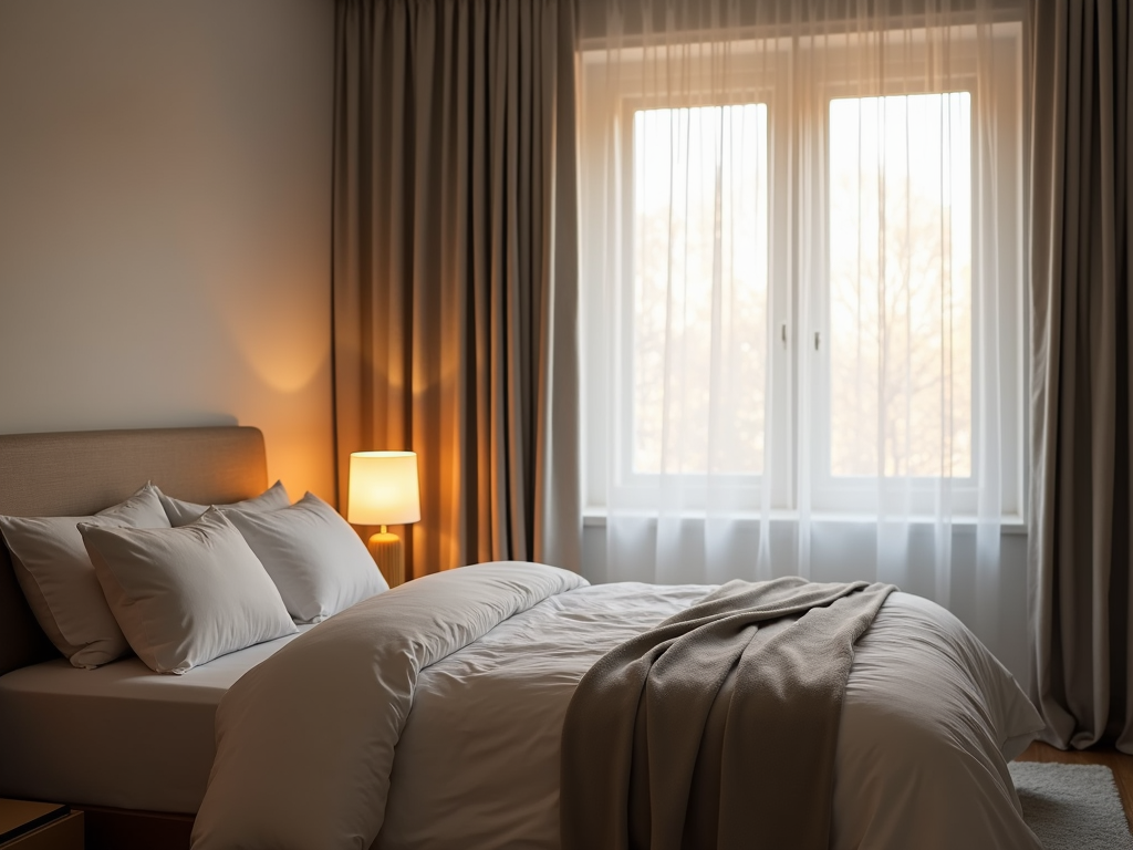 Ein minimalistisches Schlafzimmer mit einer Nachttischlampe, die warmes Licht spendet, und durchsichtigen Vorhängen für sanftes Tageslicht.