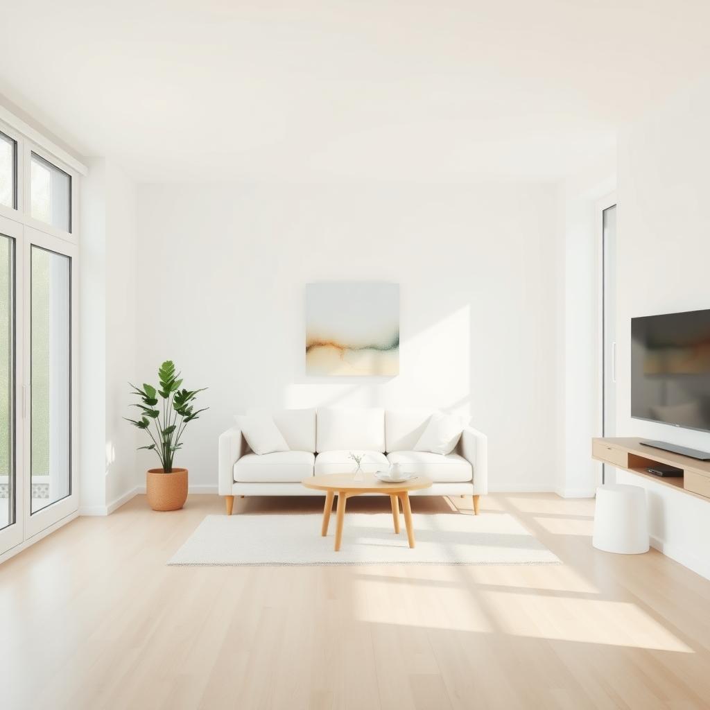 Ein helles, minimalistisches Wohnzimmer mit einem weißen Sofa, einem kleinen Holztisch und einer Zimmerpflanze, beleuchtet durch große Fenster.
