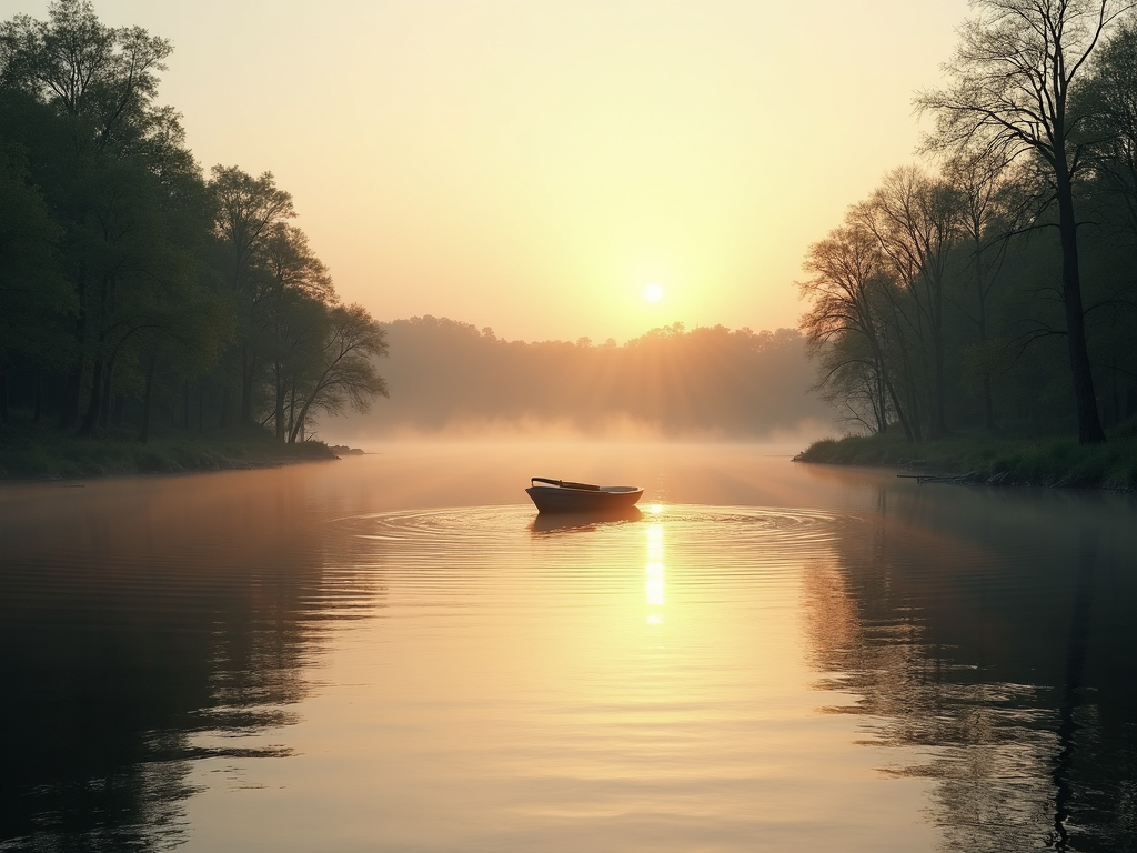 Ein ruhiger See umgeben von Bäumen bei Sonnenaufgang, mit sanftem Licht, das sich auf dem Wasser spiegelt, und einem einsamen Ruderboot.