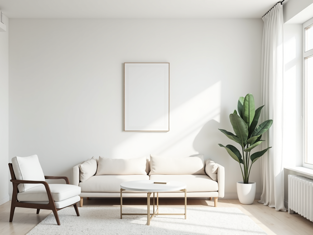 Ein minimalistisches Wohnzimmer mit einem einfachen Sofa, einem kleinen Couchtisch und einem einzelnen Kunstwerk an der Wand.