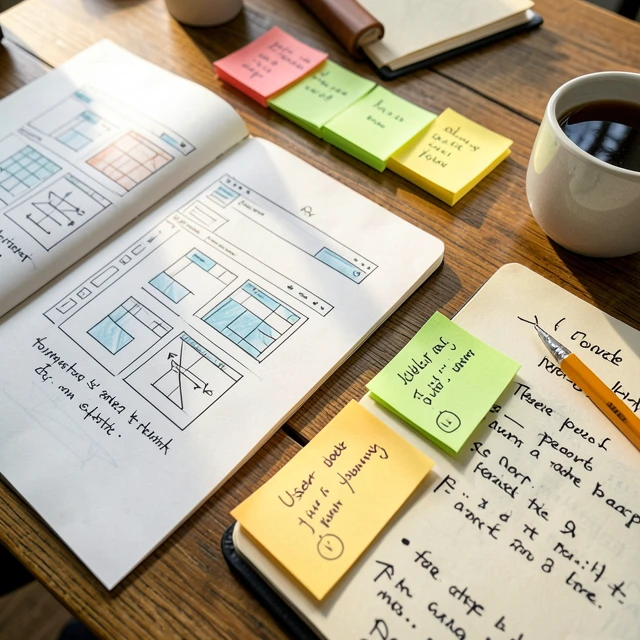 Skizzen und Planung für Website-Design auf dem Schreibtisch