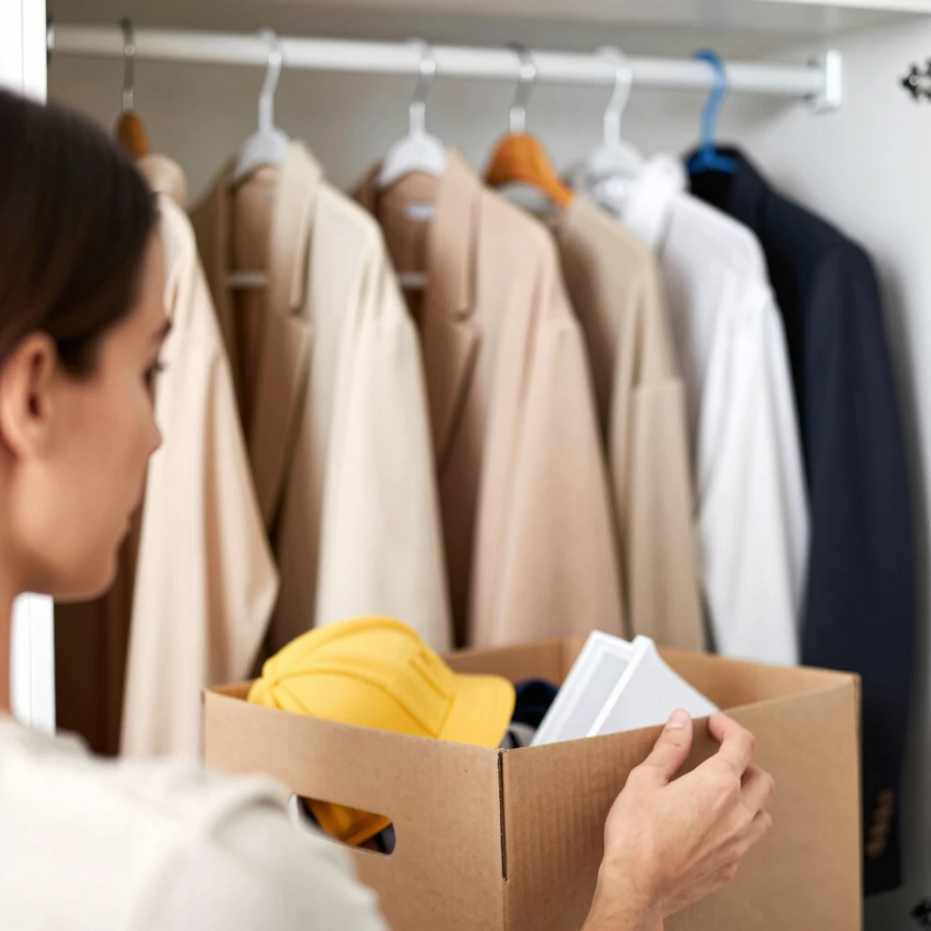 Person sortiert Kleiderschrank aus und erstellt eine Capsule Wardrobe mit neutralen, hochwertigen Kleidungsstücken