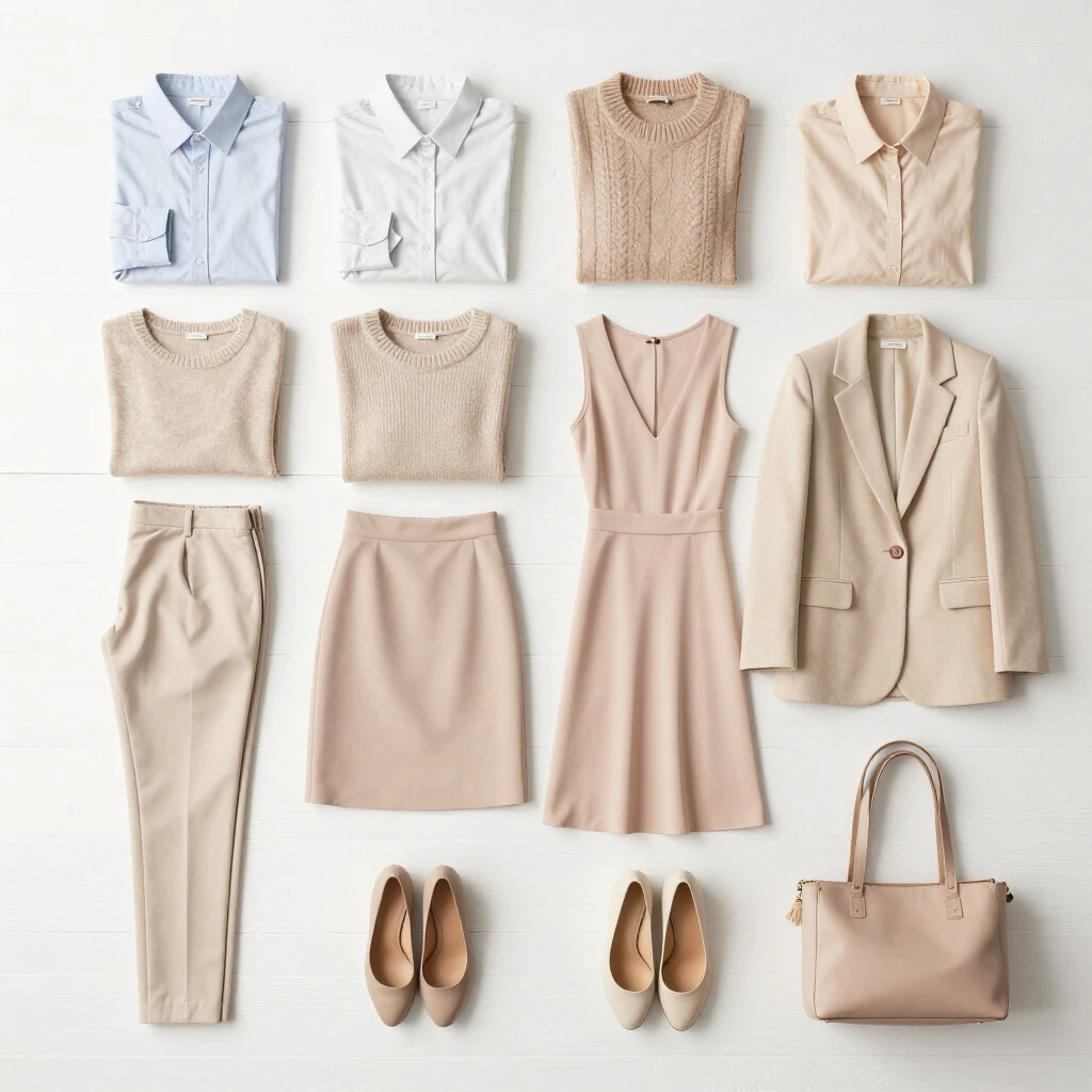 Flach gelegte Capsule Wardrobe mit kombinierbaren Basics in neutralen Farben