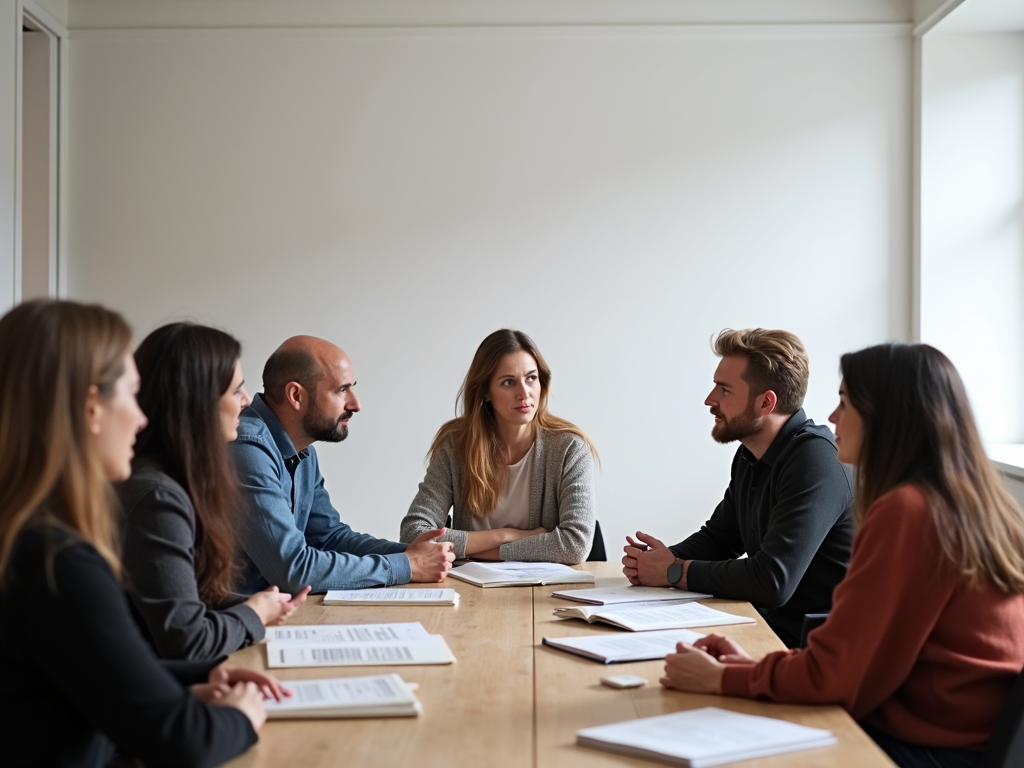 Gruppe von Menschen diskutiert über Minimalismus in einem modernen, minimalistischen Raum