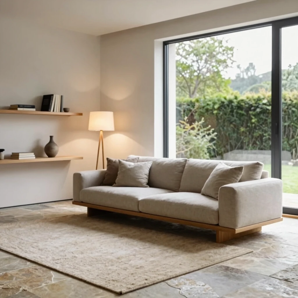 Minimalistisches Wohnzimmer mit viel natürlichem Licht und offenen Regalen