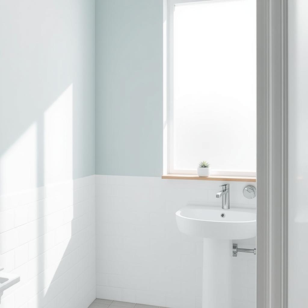 Ein minimalistisches Badezimmer mit hellblauen Wänden, weißen Fliesen, einem Waschbecken und einer grünen Pflanze auf einem Holzregal.