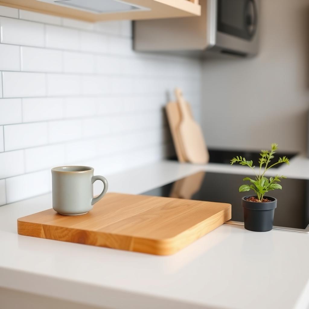 Eine minimalistische Küchenzeile mit einem Holzschneidebrett, einer Keramiktasse und einer Kräuterpflanze vor einer weißen Fliesenrückwand.