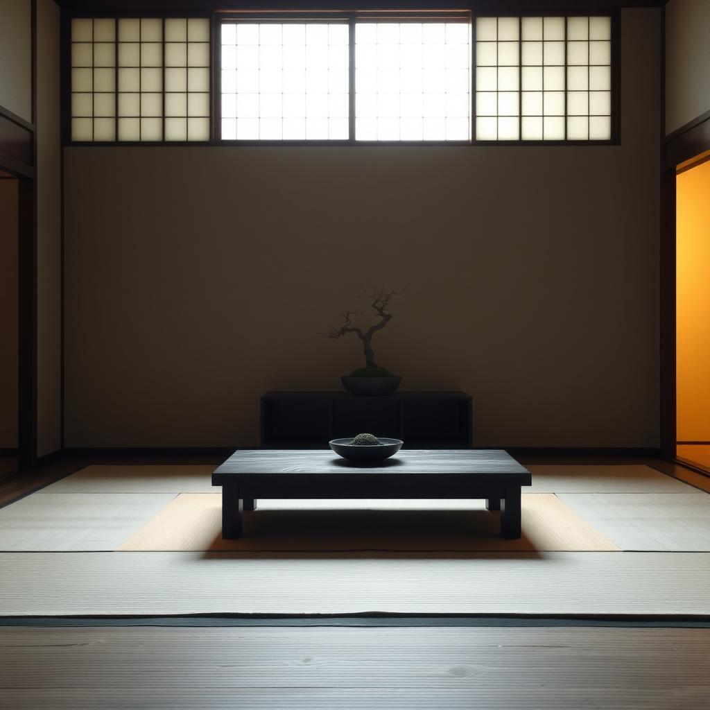 Ein ruhiger japanischer Wohnraum mit Tatami-Matten, einem niedrigen Holztisch und einem Bonsai-Baum auf einem Regal, beleuchtet durch weiches Licht, das durch Shoji-Schirme fällt.