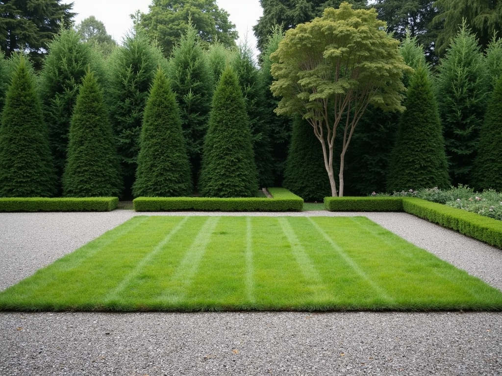 Ein minimalistischer Garten mit klarem Design und begrenzter Farbpalette.