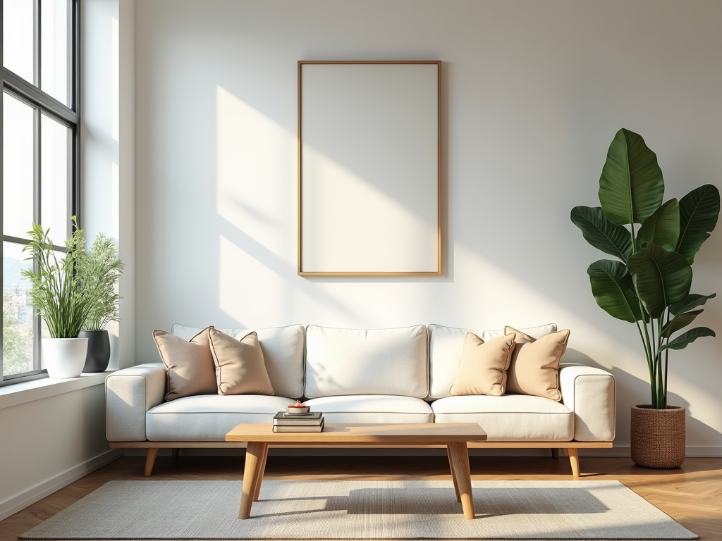 Ein helles Wohnzimmer mit minimalistischem Design und natürlichen Elementen.