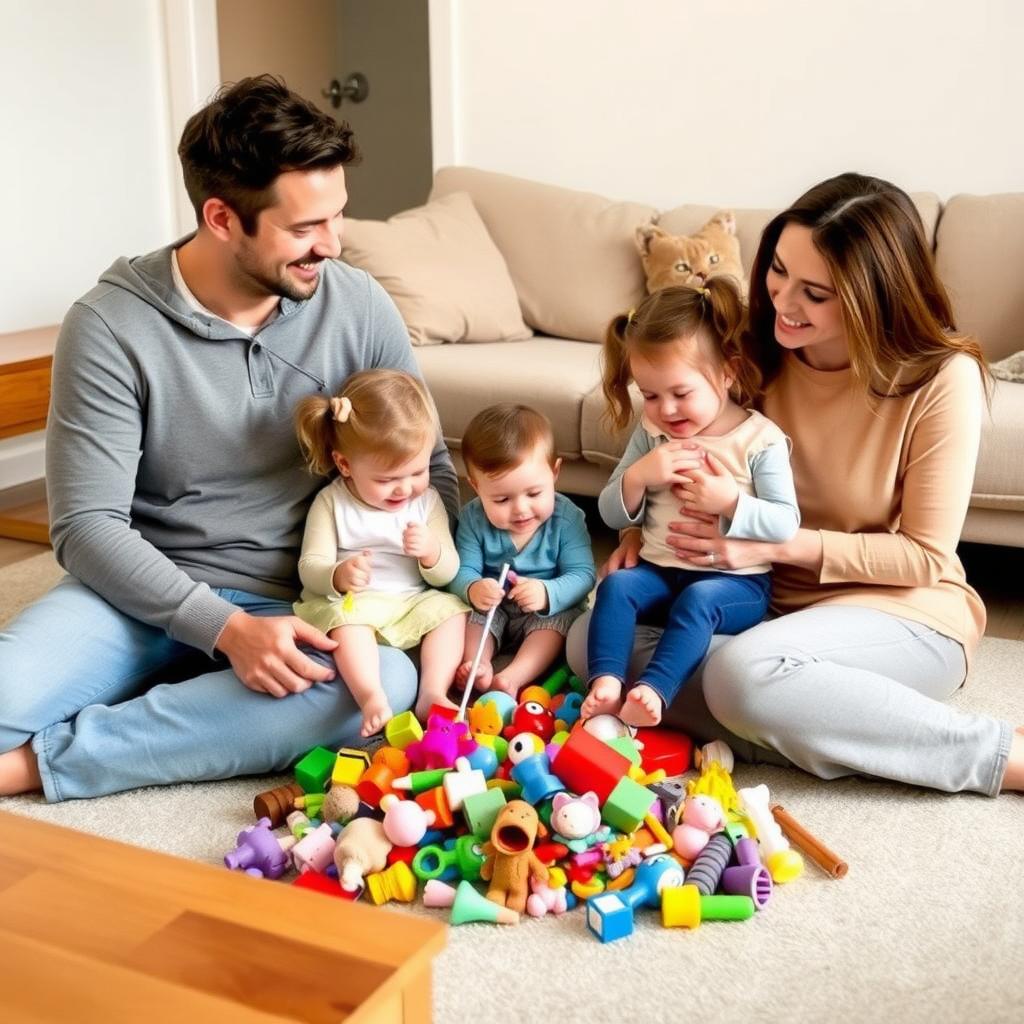 Eine Familie sitzt auf dem Wohnzimmerboden und sortiert Spielzeug. Die Eltern lächeln und sprechen mit ihren zwei kleinen Kindern, die Lieblingsspielzeuge halten. Der Raum ist schlicht mit einem Holztisch, einem Sofa und einem Spendenkorb im Hintergrund.